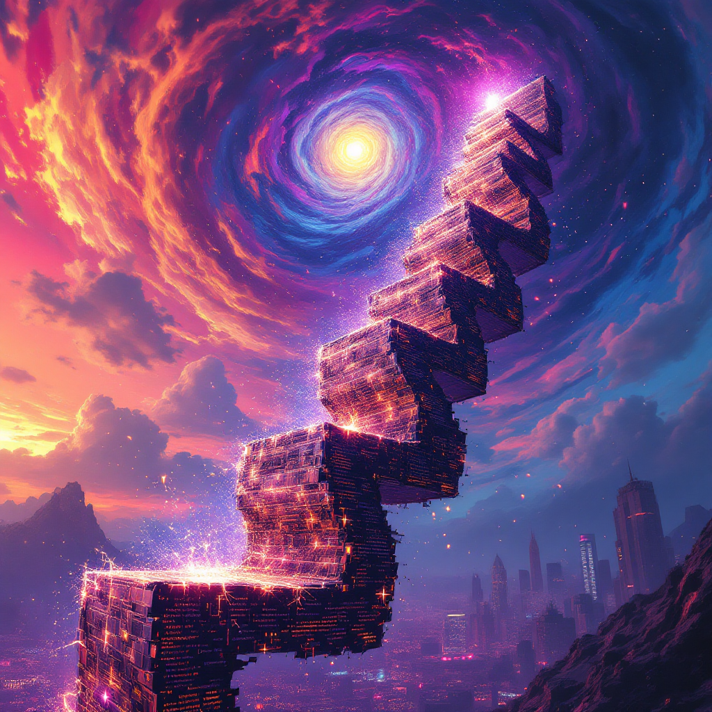 A spiraling, luminous staircase ascends through a vibrant, swirling cosmos, symbolizing the quote Chaos isn’t a pit. Chaos is a ladder, against a backdrop of mountains and distant city lights.