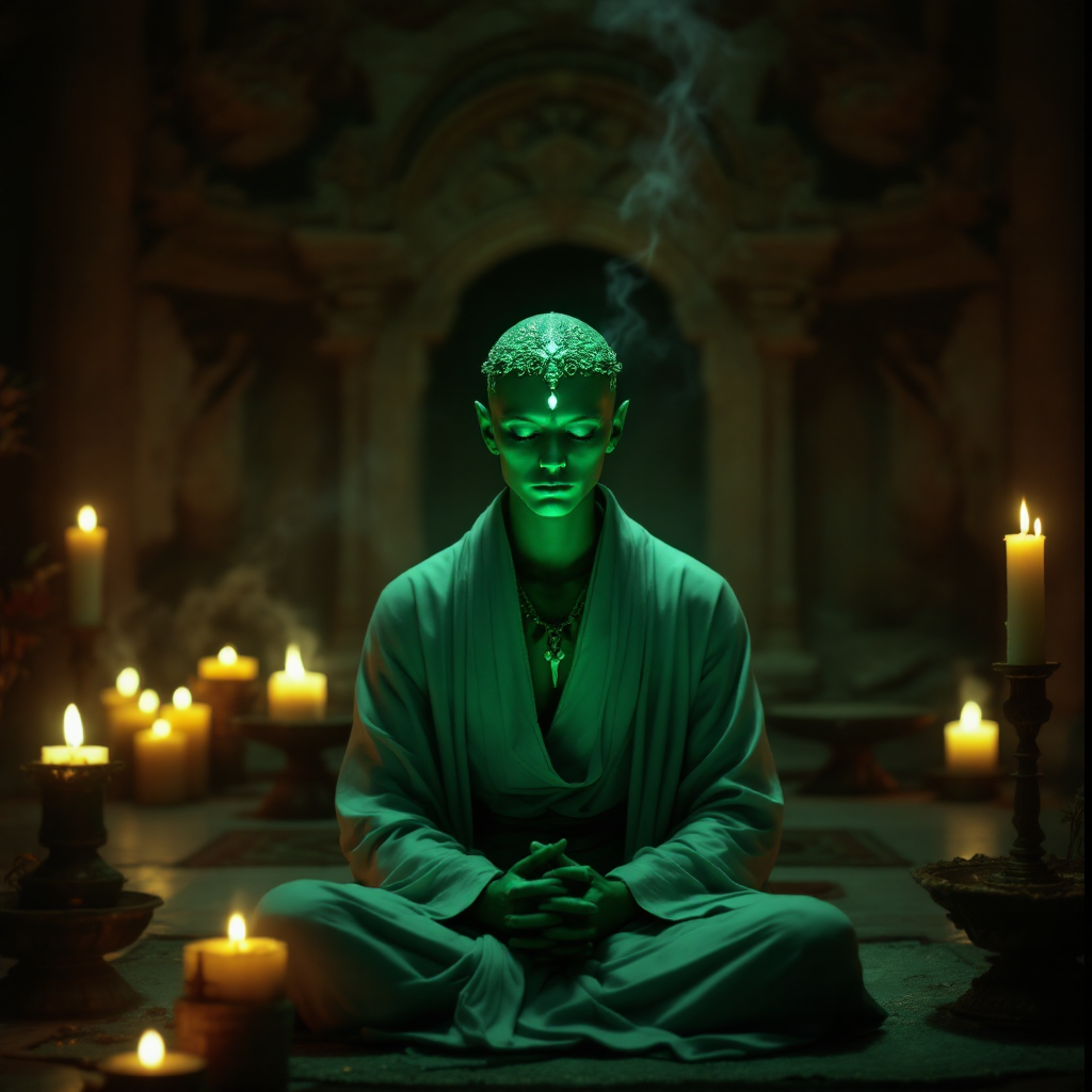 A serene emerald-skinned priest sits in meditation, surrounded by flickering candles and soft smoke, embodying his role as a telepathic communicator in emergencies.