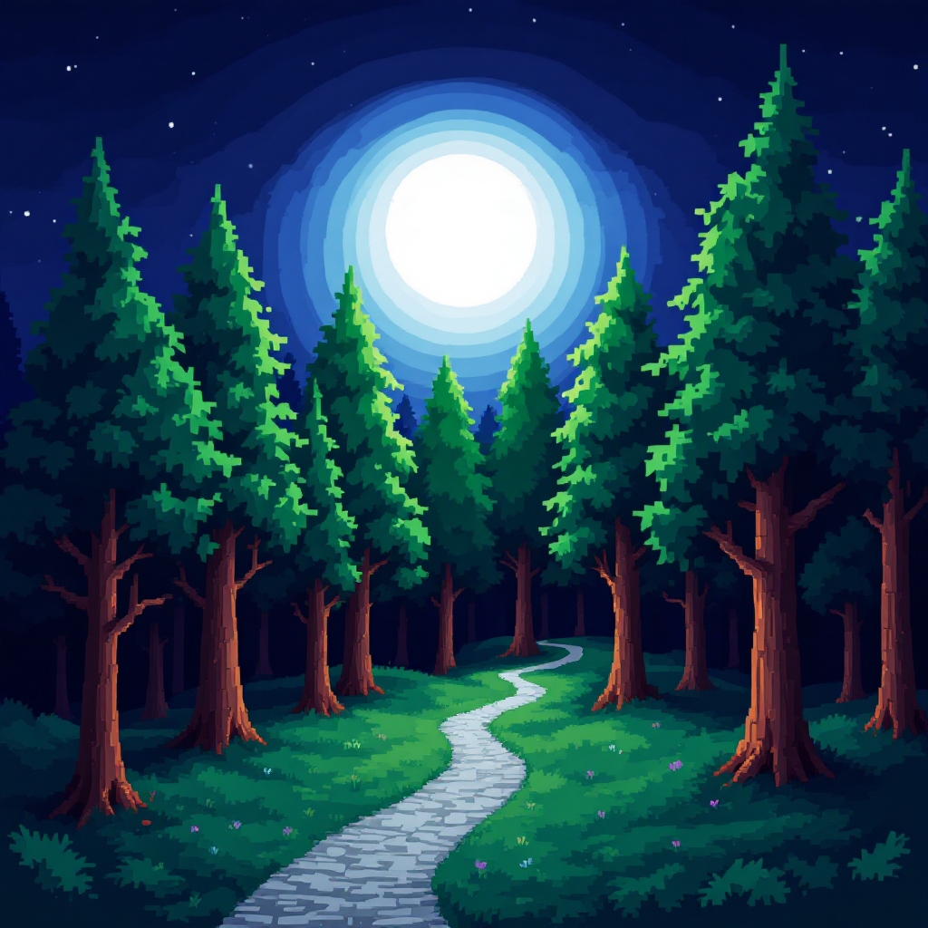 A serene forest scene under a bright moon, with tall trees lining a winding path. The tranquil atmosphere reflects the quote, I could do without the noise of your thoughts, thank you.