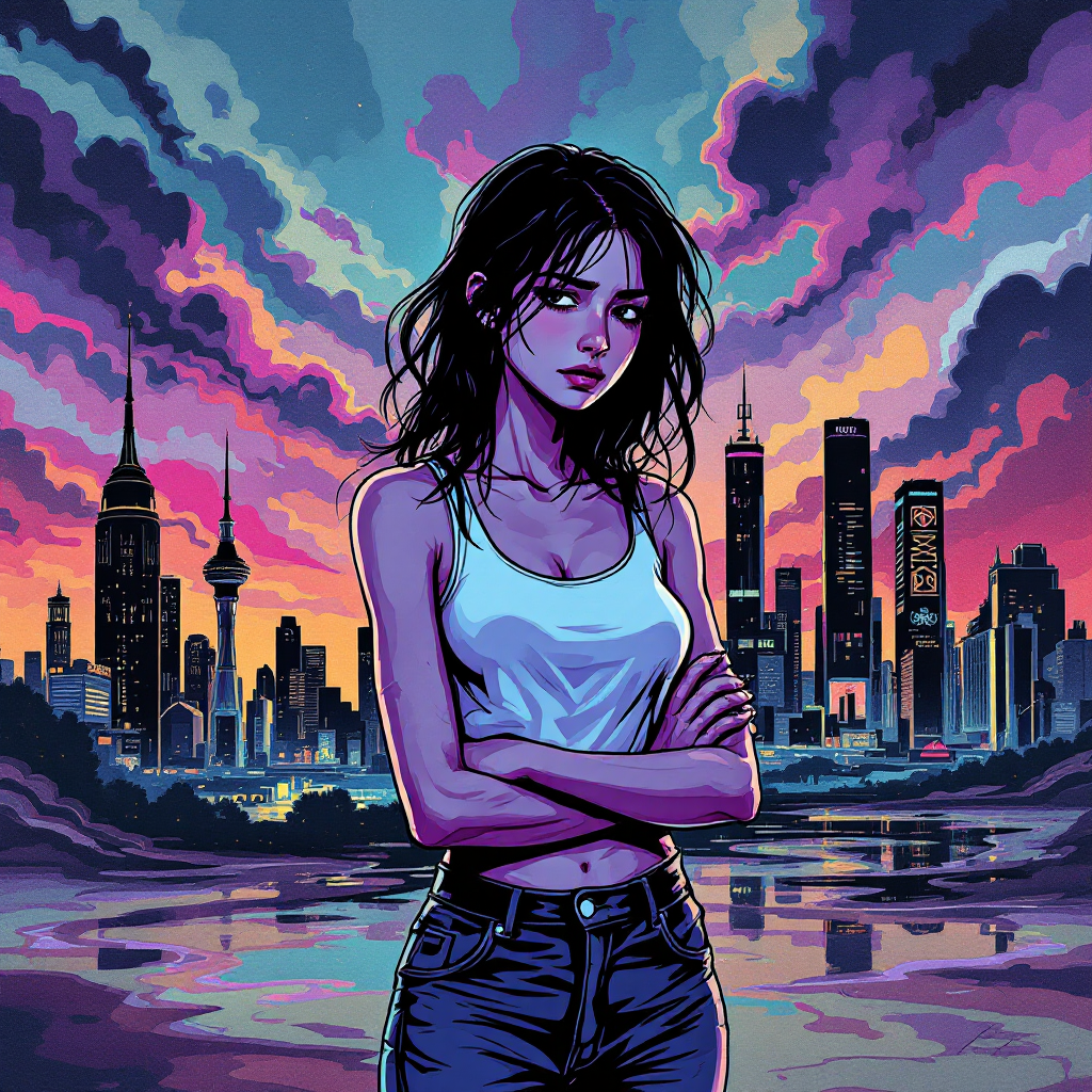 A young woman stands with crossed arms against a vibrant city skyline at sunset, embodying the sentiment of not being a popular one, with an air of quiet defiance.