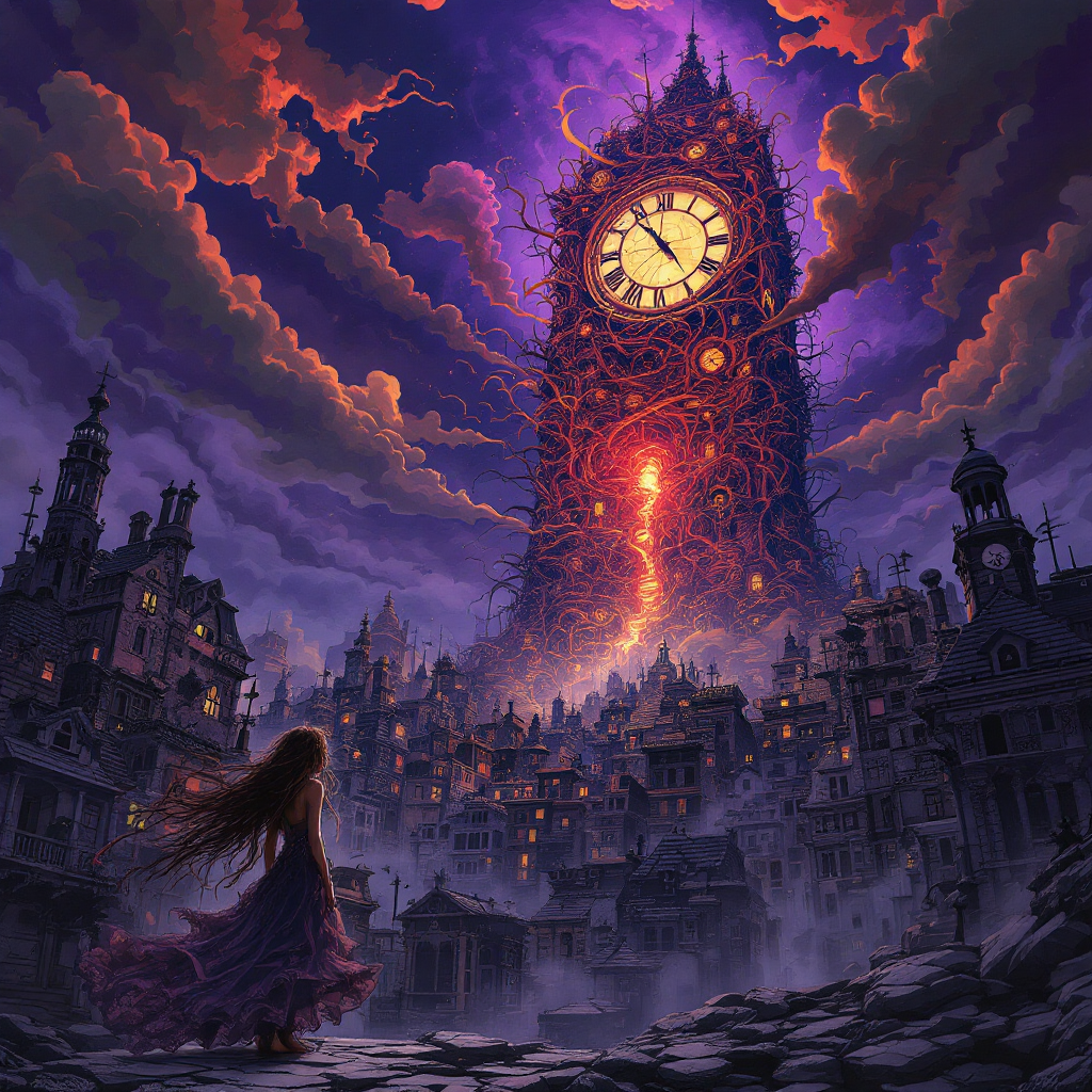 A woman in a flowing dress stands before a towering, twisted clock amidst a dark, chaotic cityscape, reflecting a world where nothing makes sense anymore, under swirling, ominous clouds.