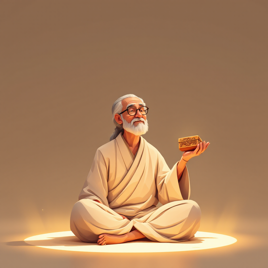 A wise, elderly figure sits cross-legged, holding a glowing object, surrounded by warm light, symbolizing the power of understanding over ignorance in conflict.