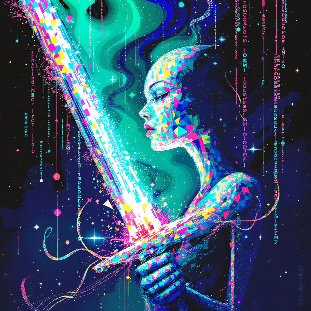 A vibrant, abstract figure holds a glowing sword, symbolizing hope as a powerful weapon, with colorful streams and twinkling stars radiating around in a cosmic backdrop.