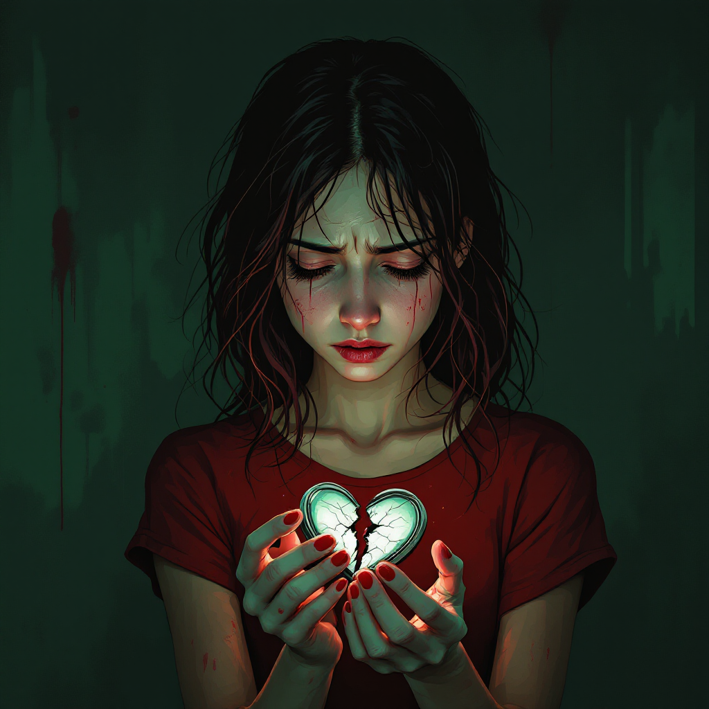 A young woman with disheveled hair holds a glowing, broken heart in her hands, reflecting a poignant blend of love and pain, embodying the complexity of emotional relationships.