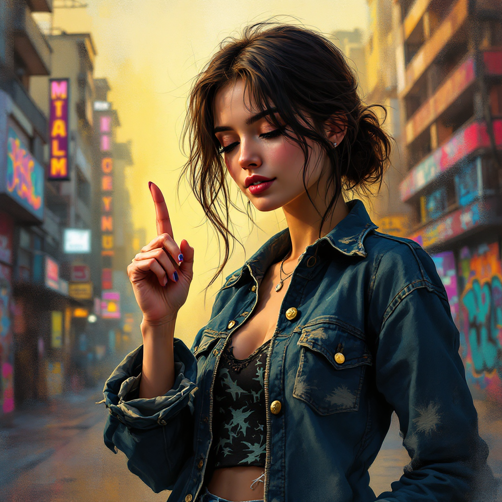 A young woman with dark hair and a denim jacket stands in a vibrant urban setting, thoughtfully raising a finger as if pondering the challenge of being good, echoing the quote's sentiment.