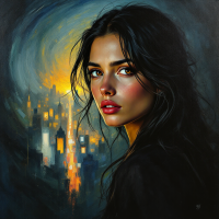 A captivating portrait of a young woman with long, dark hair, gazing intently toward a city illuminated by warm lights, embodying determination and passion for her desires.