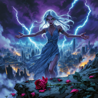 A powerful figure in a flowing gown stands amidst a stormy cityscape, lightning crackling around her, embodying the quote about love as a weapon and a curse, with a rose at her feet.