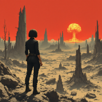 A figure stands in a desolate landscape, facing a fiery mushroom cloud against a stark red sky, embodying the essence of mastering one's fate amid chaos.