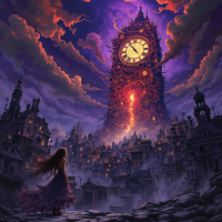 A woman in a flowing dress stands before a towering, twisted clock amidst a dark, chaotic cityscape, reflecting a world where nothing makes sense anymore, under swirling, ominous clouds.