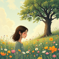 A serene scene depicting a young woman surrounded by vibrant flowers under a large tree, reflecting the quote about life's contrasts between feeling and thinking.