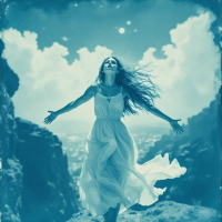 A woman in a flowing white dress stands on a rocky ledge, arms outstretched toward a bright sky filled with clouds, embodying the embrace of life's unexpected events.