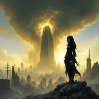 A cloaked figure stands atop a rocky outcrop, gazing at a towering structure bathed in golden light, amidst a desolate landscape under a dramatic sky, reflecting on the nuances of the apocalypse.