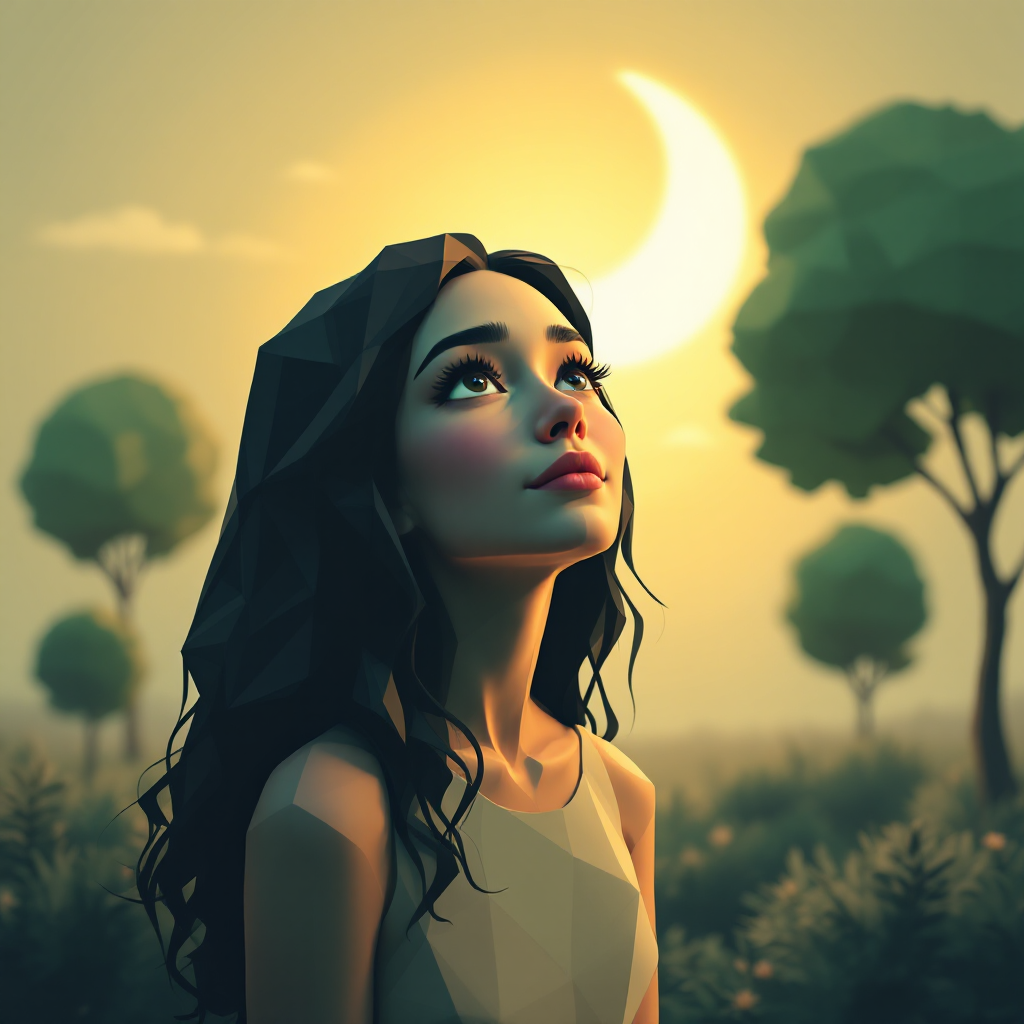 A young woman gazes upward with a thoughtful expression, framed by soft trees and a glowing crescent moon, embodying the sentiment of enduring love despite pain.