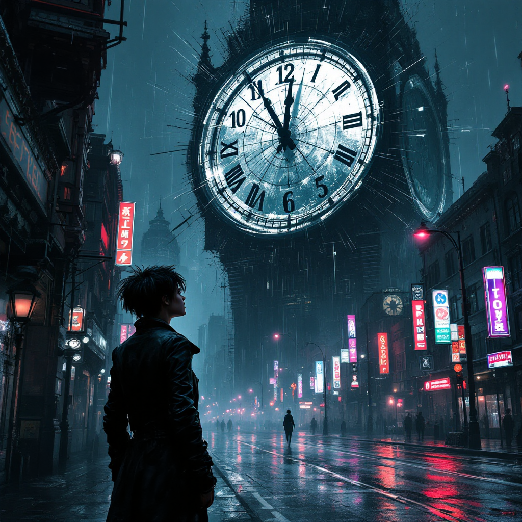 A figure stands in a rain-soaked urban street, gazing up at a large clock tower looming above, evoking a sense of waiting and the altered passage of time.