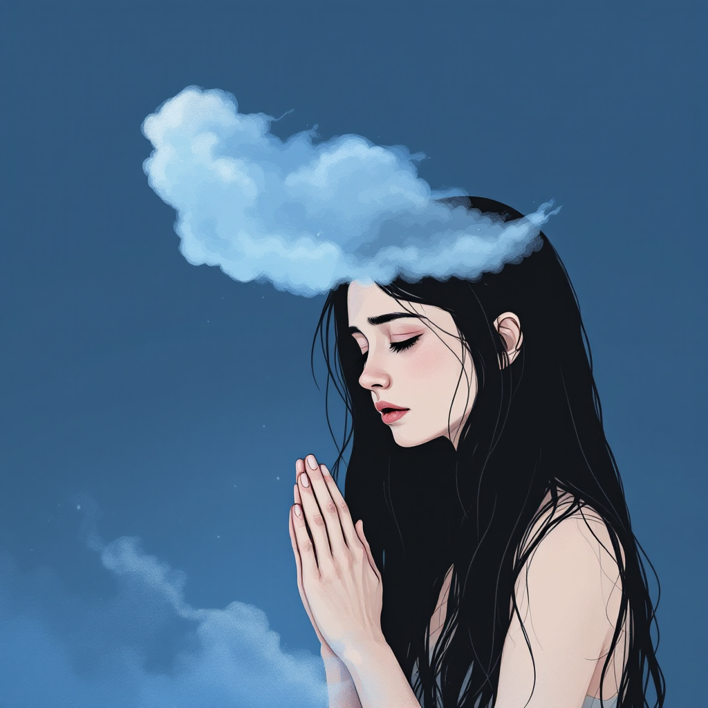 A contemplative woman with long black hair prays softly, a small cloud hovering above her head, embodying the tension between trust and hope.