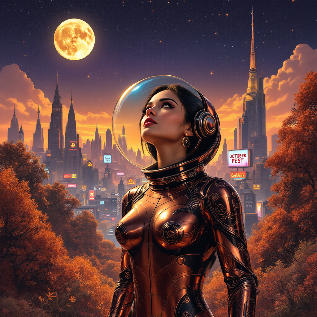 A woman in a futuristic spacesuit gazes up at a full moon, surrounded by vibrant autumn trees and a sci-fi cityscape, embodying the beauty of October.