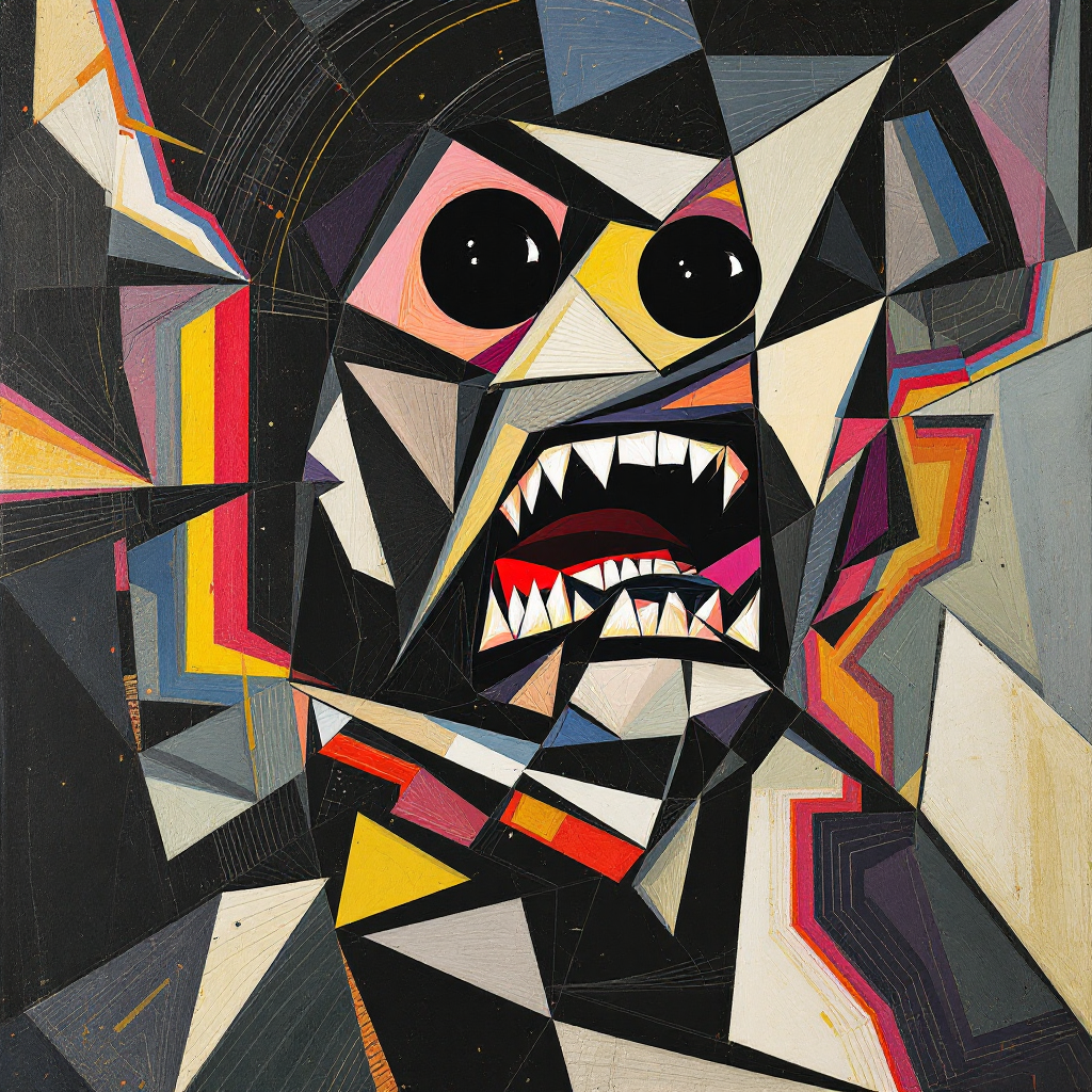 An abstract, fragmented face with sharp angles and bold colors expresses intense emotion, embodying the fierce declaration: I kill you, Vorga. I kill you filthy!