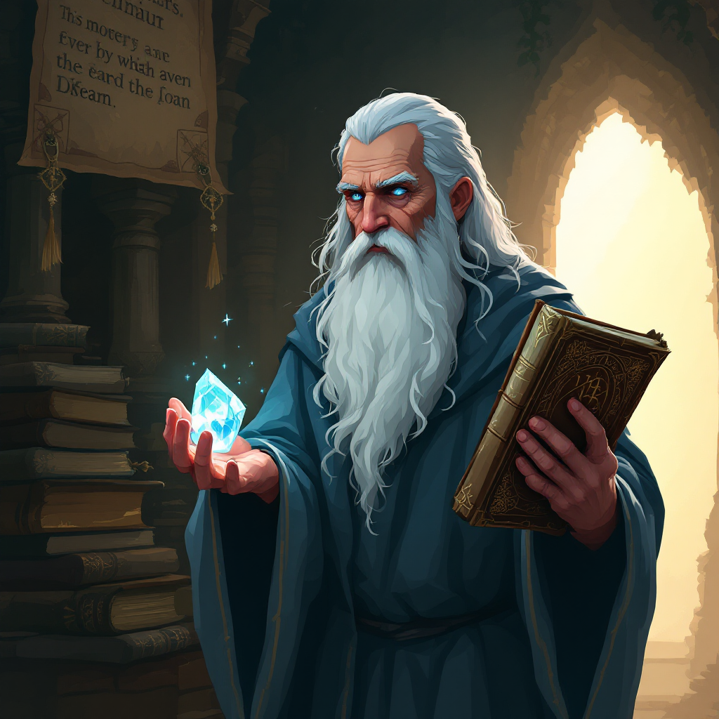 A wise figure with a long white beard holds a glowing crystal in one hand and a book in the other, set in a dimly lit, ancient library, reflecting themes of life, death, and judgment.