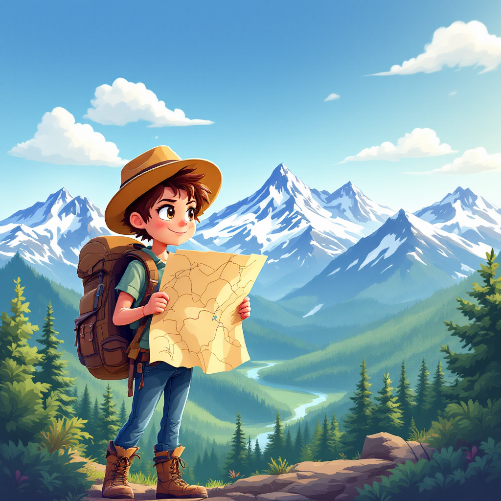 A young adventurer, wearing a hat and backpack, studies a map amidst a stunning mountainous landscape, embodying the spirit of exploration and new adventures waiting to be discovered.