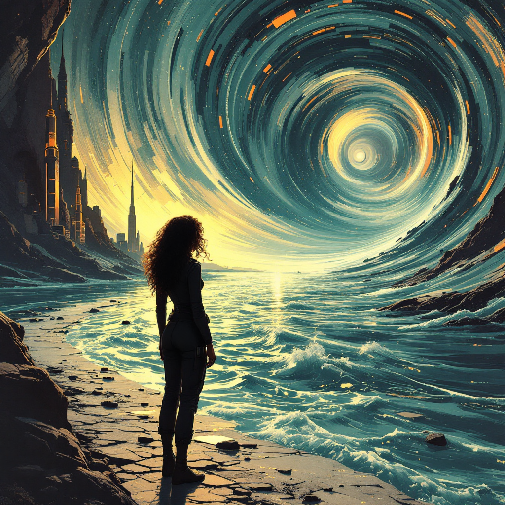 A figure stands on a rocky shore, gazing at a swirling vortex above a tranquil river, symbolizing the unpredictable flow of time and the journey of navigation through its currents.