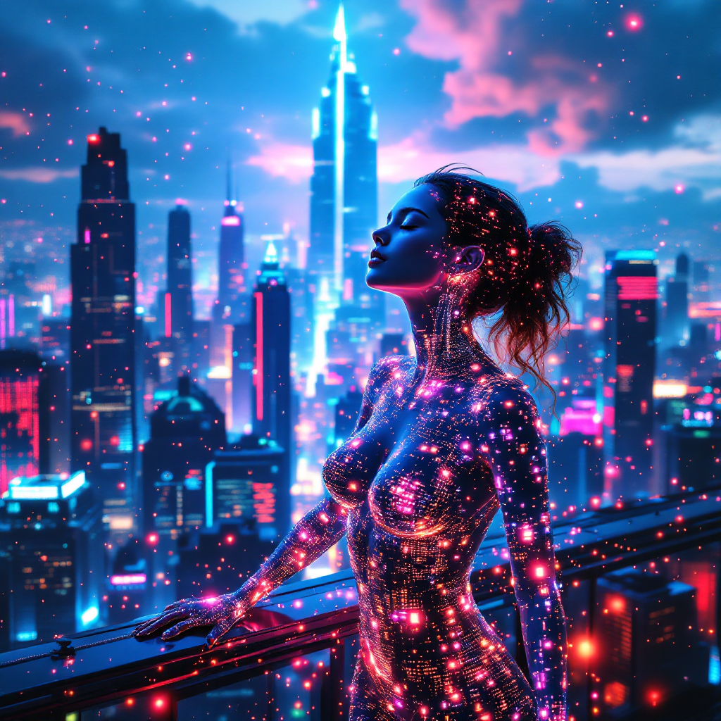 A contemplative figure adorned in cosmic patterns gazes over a vibrant, neon-lit cityscape, embodying the essence of freedom to choose amidst a dazzling urban backdrop.