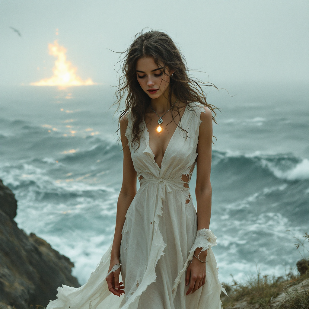 A woman in a flowing white dress stands by turbulent ocean waves, contemplating in a misty atmosphere, embodying the quote about embracing love in its imperfect form.