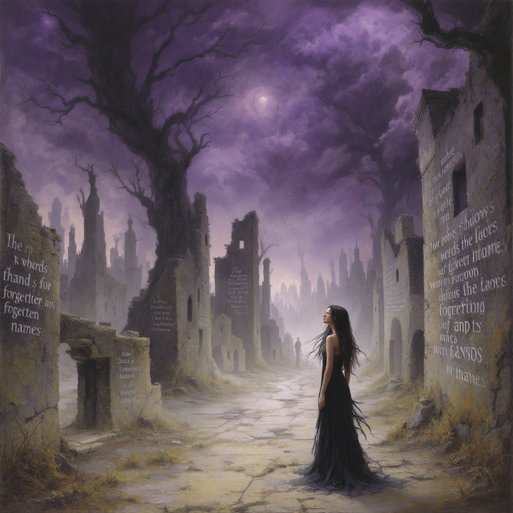 A woman in a flowing black dress stands in a desolate landscape of ruins under a purple sky, with inscriptions of forgotten names on the walls, reflecting the quote about words as pale shadows.