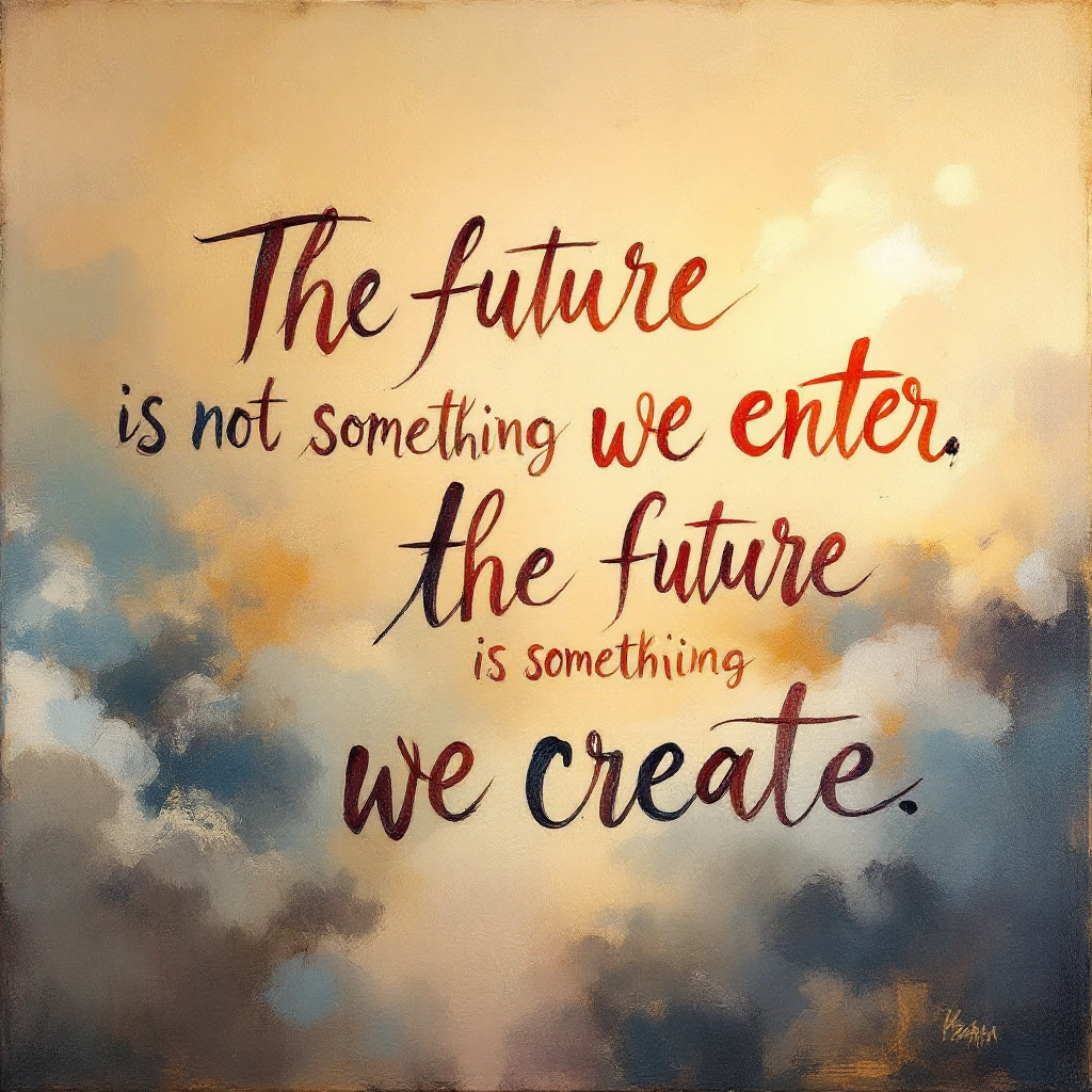 A beautifully designed image featuring the quote, The future is not something we enter, the future is something we create, artistically rendered against a cloudy background.