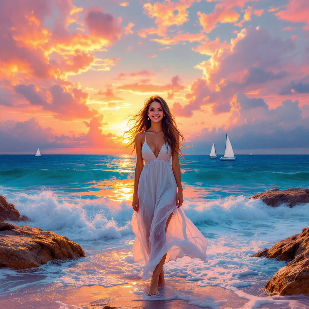 A woman in a flowing white dress walks through the surf at sunset, surrounded by vibrant pink and orange clouds, embodying the spirit of living the life she’s imagined.