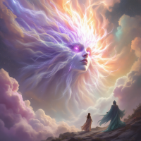 A celestial figure with radiant hair and glowing eyes looms above a cloaked figure, embodying the powerful force of the compound mind from the book quote.