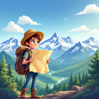 A young adventurer, wearing a hat and backpack, studies a map amidst a stunning mountainous landscape, embodying the spirit of exploration and new adventures waiting to be discovered.