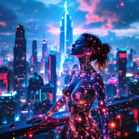 A contemplative figure adorned in cosmic patterns gazes over a vibrant, neon-lit cityscape, embodying the essence of freedom to choose amidst a dazzling urban backdrop.