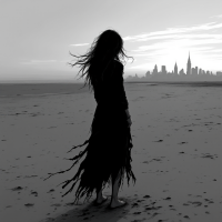 A solitary figure stands on a desolate beach, facing a distant city skyline. Their disheveled hair and dark attire evoke feelings of isolation and despair, reflecting the quote about loneliness.