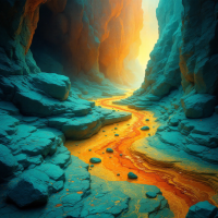 A serene canyon glows with golden light illuminating a winding river, symbolizing the passage of time revealing deeper truths within the rugged landscape.