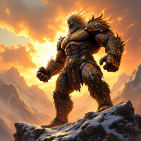 A powerful warrior stands atop a rocky peak, exuding strength and intensity, with fiery details on his armor, embodying the instinctual dance of death described in the quote.