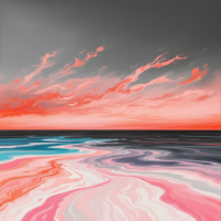 A vibrant, abstract seascape at sunset, featuring swirling pinks, blues, and grays in the water, reflecting a sky with dynamic clouds, evoking the idea of perception versus reality.