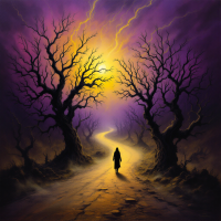 A winding path illuminated by a haunting yellow light leads through twisted, barren trees under a stormy purple sky, evoking the theme of secrets haunting us.