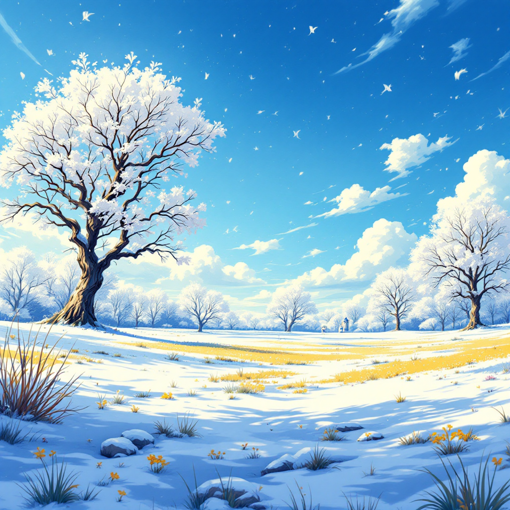 A bright, cold landscape in April features a bare tree amidst a snowy field under a vibrant blue sky, evoking the distinct imagery of clocks striking thirteen.