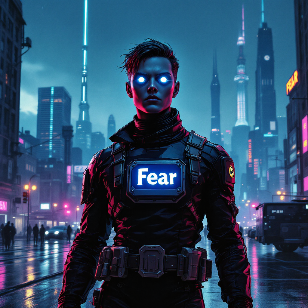 A figure stands in a neon-lit cityscape, wearing a black suit with the word Fear illuminated on their chest, symbolizing fear as a guiding companion in challenging times.