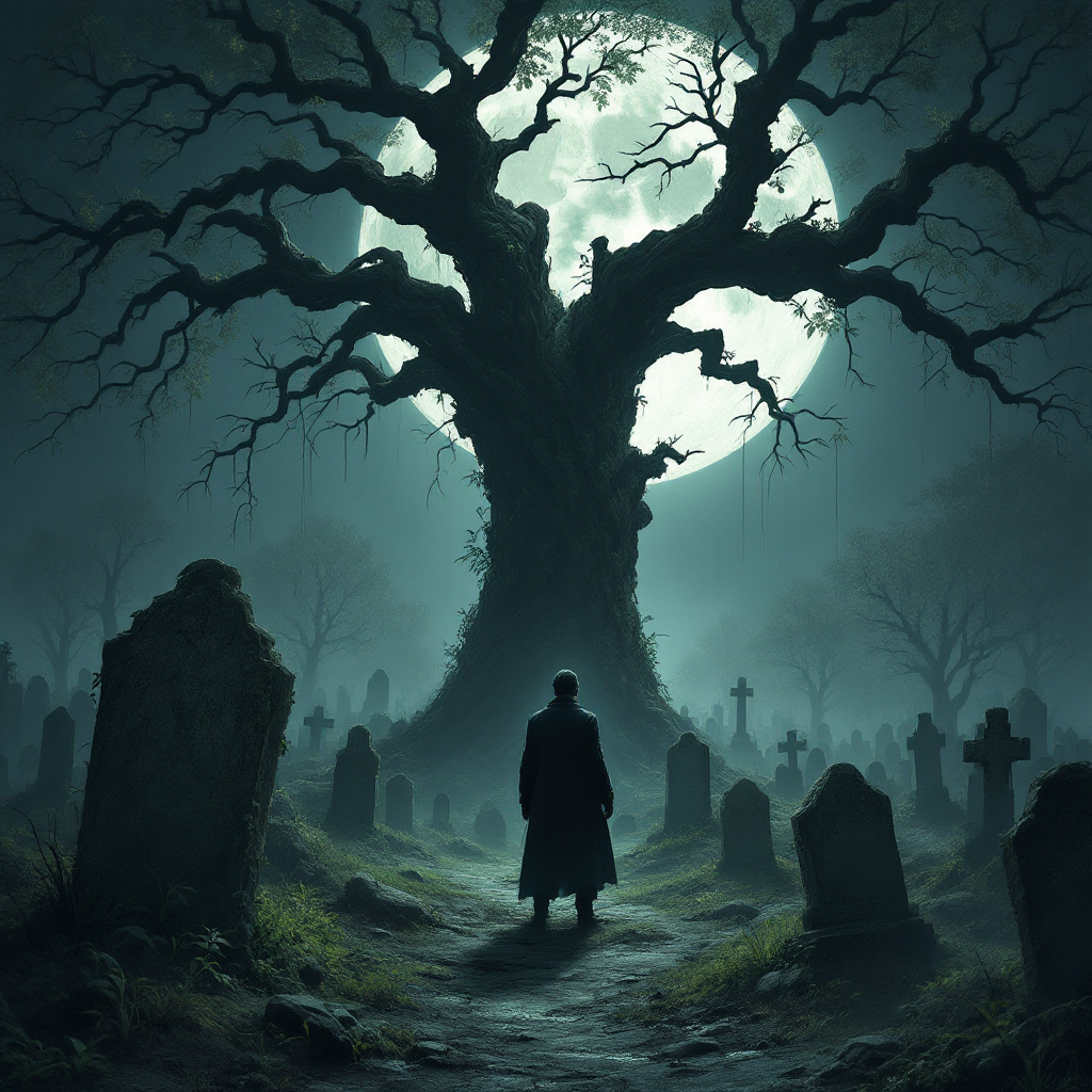 A shadowy figure stands in a graveyard under a full moon, surrounded by ancient gravestones and a gnarled tree, reflecting on the intertwining themes of life and death.