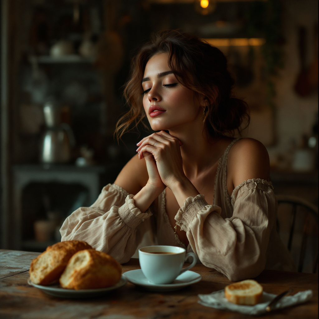 A woman sits at a rustic table, thoughtfully clasping her hands, with a cup of coffee and freshly baked pastries in front of her, embodying the idea of mindful eating and drinking.