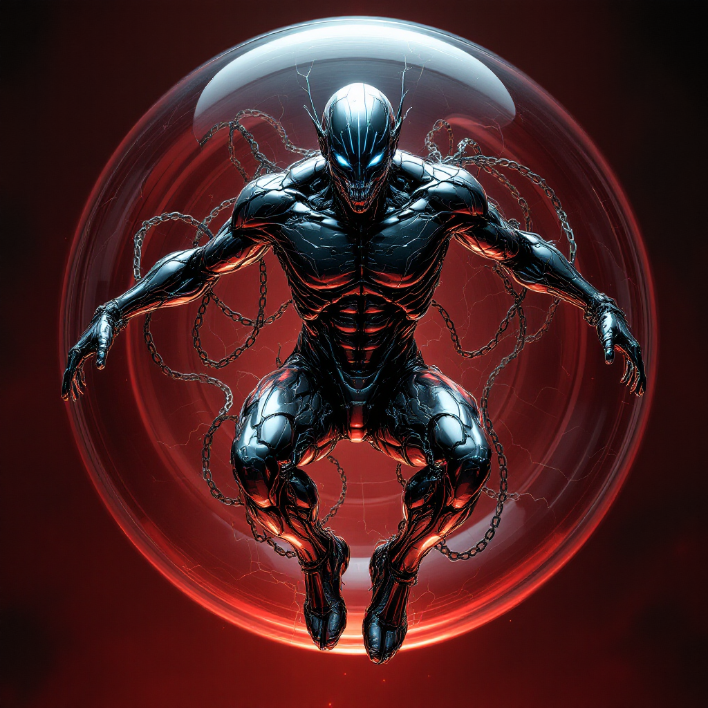 A dark, stylized figure floats within a glowing, transparent sphere, embodying the tension between innocence and guilt, reflecting the quote about the presumption of innocence.