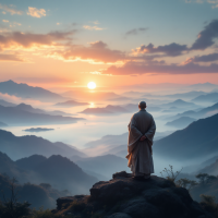 A serene figure stands atop a rocky ledge, gazing at a vibrant sunrise over misty mountains, embodying the wisdom of subduing without conflict from the quote on the art of war.