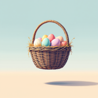 A woven basket floats serenely, filled with colorful eggs, embodying the quote about controlling your basket while having all your eggs in one place.