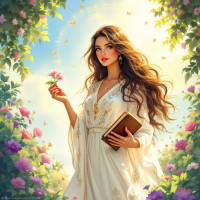 A woman in a flowing white dress holds a flower and a book, surrounded by blooming flowers and butterflies, embodying the idea that appealing ends can influence methods.