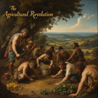 A group of early humans gathers crops under a tree, set against a lush landscape. The scene reflects themes from the quote, The agricultural revolution was history's biggest fraud.