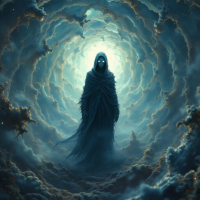 A dark, cloaked figure stands amid swirling, ethereal clouds, illuminated by a mysterious glow, embodying the theme that true enemies may not be as expected.