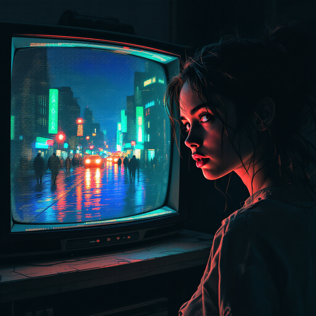 A woman gazes thoughtfully at a retro television screen displaying a vibrant, rainy cityscape, embodying the tension between hope and reality.