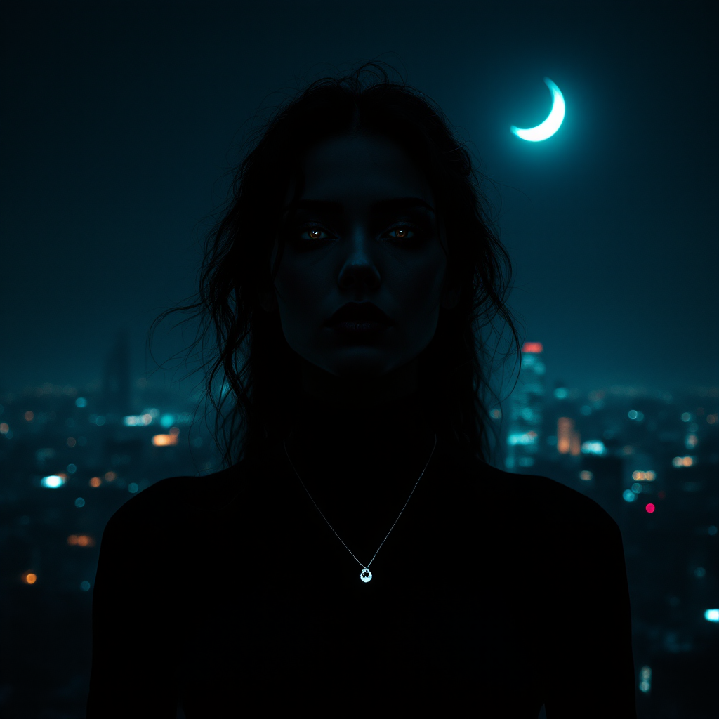 A silhouette of a woman with glowing eyes stands against a city skyline at night, embodying strength and quiet resilience under a crescent moon.