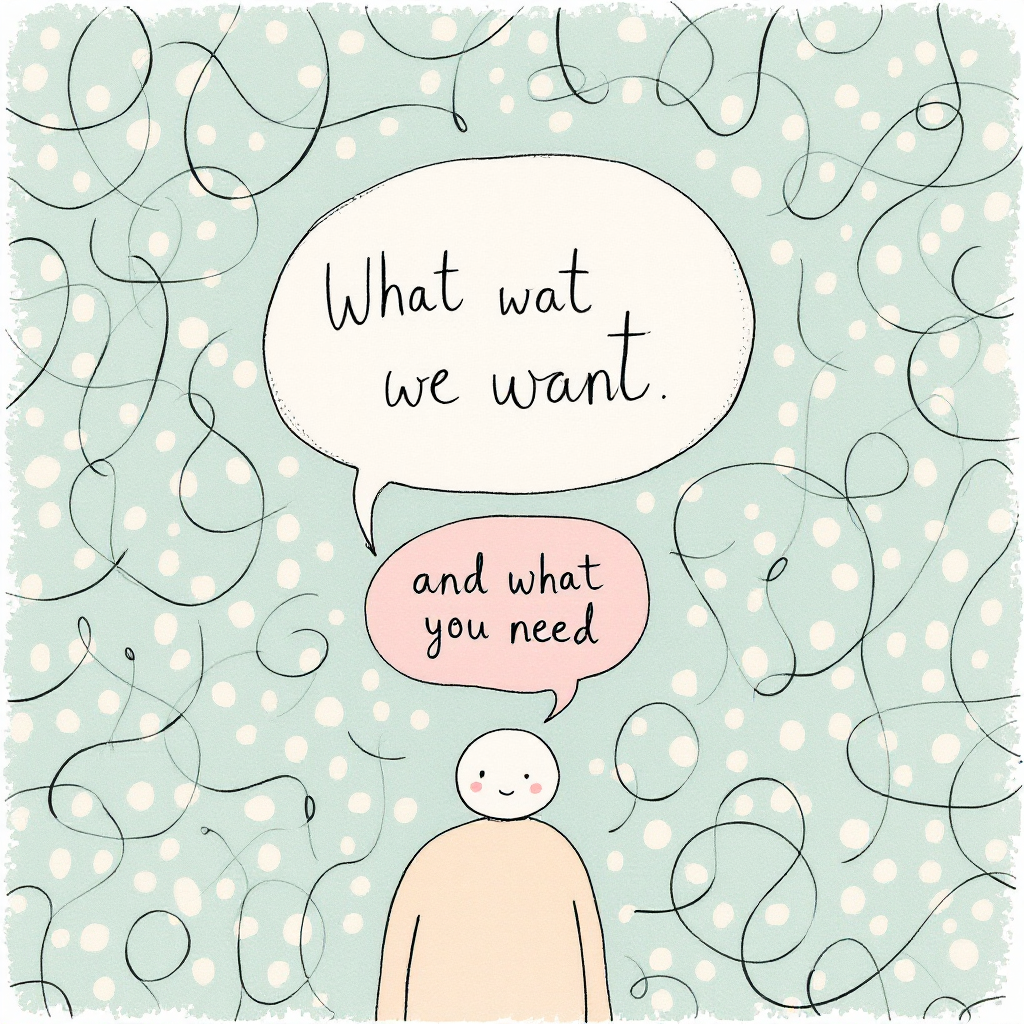 A whimsical illustration features a person surrounded by abstract swirls, with speech bubbles expressing What we want and and what you need, reflecting the contrast between desire and necessity.